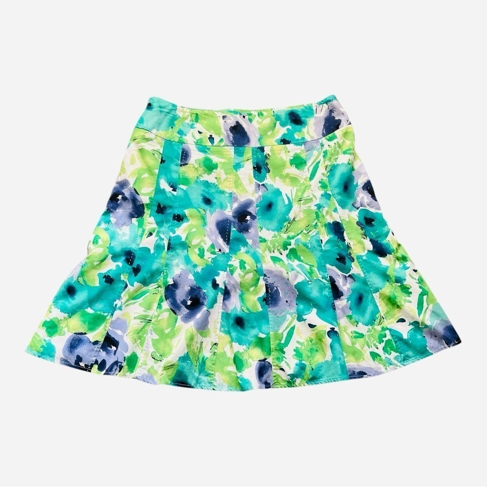 Covington A-line floral green blue cotton skirt 12 wide waist zip closure lined